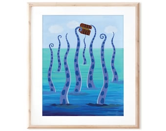 Kraken Sea Monster with Pirate's Treasure - Printable Art from Original Hand Painted Designs - Instant Digital Download - DIY Wall Art Print