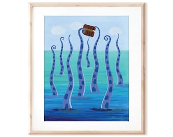 May include: A digital illustration of a blue octopus with multiple tentacles reaching up from the ocean to grab a wooden treasure chest.