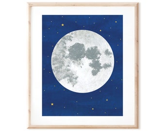 The Moon - Outer Space Art - Printable Art from Original Hand Painted Designs - Instant Digital Download - DIY Wall Art Print