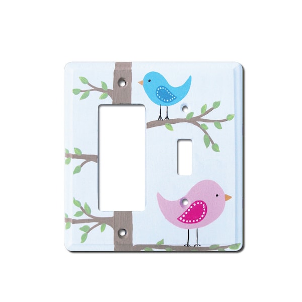 Double Switch Plate - Custom Hand Painted Children's Wooden Light Switch or Electrical Cover Plate Sweet Bird Theme