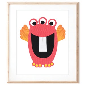May include: A red monster with three eyes, a big toothy grin, and orange wings. The monster has yellow dots on its feet.