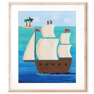 May include: A brown pirate ship with white sails and a red skull and crossbones flag sails on a blue and turquoise ocean. Two palm trees are on a small island in the background.