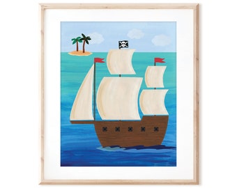 Pirate Ship Sailing by Palm Tree Island - Printable Art from Original Hand Painted Designs - Instant Digital Download - DIY Wall Art Print