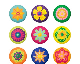 Hand Painted Knob - Children's Custom Cool Hand Painted Funky Bold Flower Power Drawer Knobs Pulls or Nail Covers for Kids