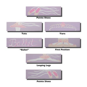May include: A set of six illustrated images depicting ballet-themed items. The images include a tutu, a tiara, a pair of pointe shoes, a pair of ballet shoes in first position, a pair of pointe shoes, and the word "Ballet" in cursive.