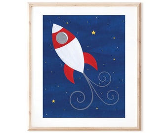 Rocket Ship - Outer Space Art - Printable Art from Original Hand Painted Designs - Instant Digital Download - DIY Wall Art Print