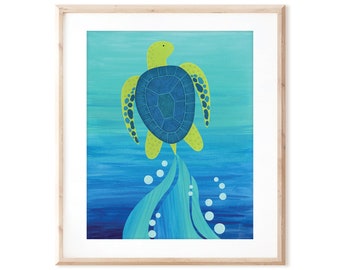 Sea Turtle with Swoosh - Ocean Art - Printable Art from Original Hand Painted Designs - Instant Digital Download - DIY Wall Art Print