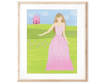 Pretty in Pink Princess - Fair Dark Blonde Hair - Printable Art from Original Hand Painted Designs - Digital Download - DIY Wall Art Print