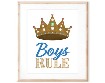 Boys Rule - Gold Crown - Printable Art from Original Hand Painted Designs - Instant Digital Download - DIY Wall Art Print