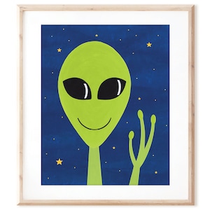 May include: A green alien with big eyes and a smile waves with three fingers against a dark blue background with gold stars.