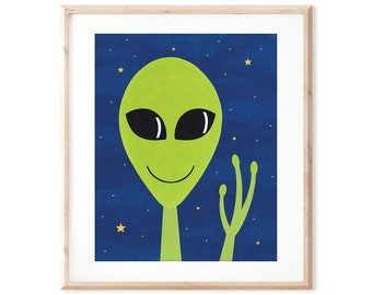 Friendly Green Alien - Outer Space Art - Printable Art from Original Hand Painted Designs - Instant Digital Download - DIY Wall Art Print