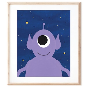 May include: A purple alien with one large eye and a small antenna on its head against a dark blue background with yellow stars.
