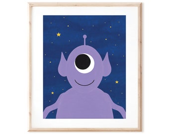 Happy Purple Alien - Outer Space Art - Printable Art from Original Hand Painted Designs - Instant Digital Download - DIY Wall Art Print