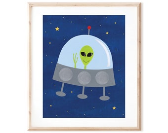 Alien Flying UFO - Outer Space Art - Printable Art from Original Hand Painted Designs - Instant Digital Download - DIY Wall Art Print