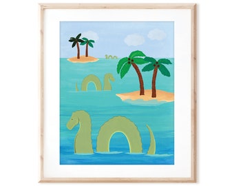 Sea Serpents Swimming by Palm Tree Island - Printable Art from Original Hand Painted Designs - Instant Digital Download - DIY Wall Art Print