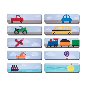 May include: A set of ten illustrated transportation themed wall decals. The decals feature a red truck, a green motorcycle, a red airplane, a blue train, an orange helicopter, a purple hot air balloon, a blue car, a yellow school bus, a blue ship, and a yellow submarine.