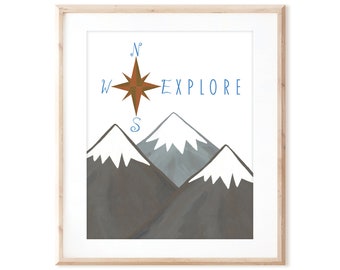 Explore Print with Mountains and Compass - Printable Art from Original Hand Painted Designs - Instant Digital Download - DIY Wall Art Print