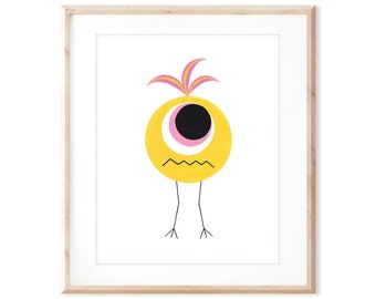 Bird Brain Monster - Printable Art from Original Hand Painted Designs - Instant Digital Download - DIY Wall Art Print