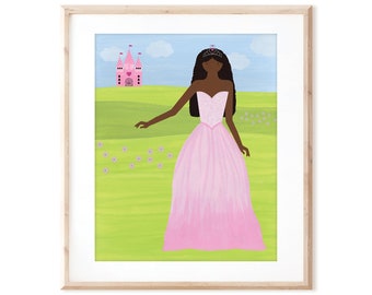 Pretty in Pink African American Princess - Printable Art from Original Hand Painted Designs - Instant Digital Download - DIY Wall Art Print