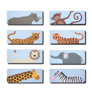 May include: A set of six illustrated animal cards featuring a rhino, monkey, leopard, tiger, lion, elephant, giraffe, and zebra. Each animal is depicted in a simple, cartoon style on a light blue background.