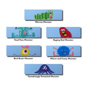 May include: Five colorful monster illustrations on a light blue background. The monsters are: Wormy Monster, Toad Toes Monster, Raging Red Monster, Bird Brain Monster, and Tantalizingly Tentacled Monster.