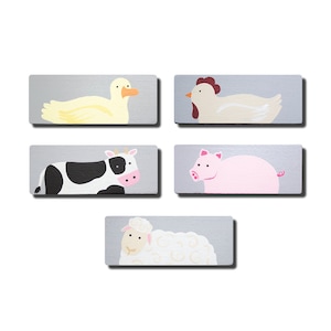 May include: Five illustrated animal paintings on a gray background. The animals are a duck, a chicken, a cow, a pig, and a sheep.