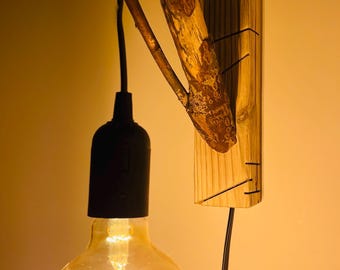 May include: A wall-mounted light fixture made from a natural branch with a wooden base. The light fixture has a black cord and a clear glass light bulb.