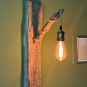 May include: Rustic wall sconce made from a weathered wooden plank and a branch, with a decorative Edison bulb. The branch is wrapped with rope, and the bulb hangs from a gray cord. The light fixture is mounted on a green wall.