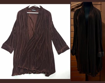Rare Vintage 80s 90s Luxurious Pleated Virginie Paris Dark Brown Long Midi Cardigan Open Pleats Outer Made in France