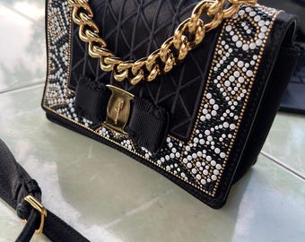 Salvatorre Ferragamo Mini Ginny Embellished Satin Black Crossbody Bag with Gold Chain Top Handle