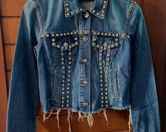 Veronica Beard Denim Rhinestones Jeans Jacket Authentic Cropped Blue Glam Outer Vintage Retro Chic Style