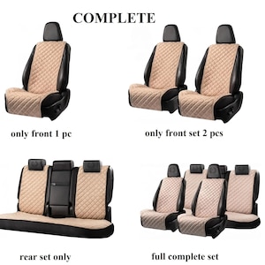 May include: Tan and black car seat covers in various configurations. The image shows a single front seat cover, a set of two front seat covers, a rear seat cover, and a full complete set. The text "COMPLETE" is at the top.