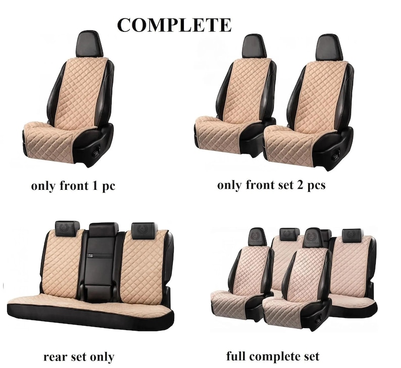 May include: Tan and black car seat covers in various configurations. The image shows a single front seat cover, a set of two front seat covers, a rear seat cover, and a full complete set. The text "COMPLETE" is at the top.