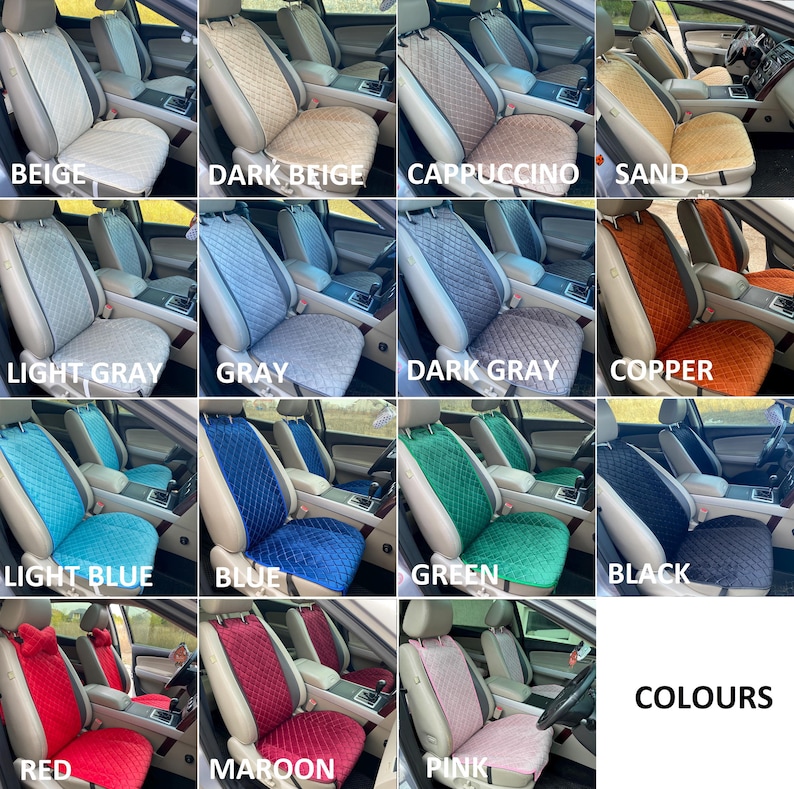 May include: A collection of car seat covers in various colors, including beige, dark beige, cappuccino, and sand. Other colors are light gray, gray, dark gray, copper, light blue, blue, green, black, red, maroon, and pink. The word "COLOURS" is in white text.