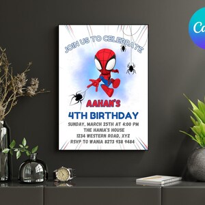 Cartão de convite de aniversário do Homem-Aranha editável, convite de aniversário infantil, modelo de convite para festa digital, modelo editável e imprimível