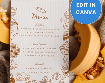 May include: A menu card with a fall theme, featuring a brown outline design of food illustrations. The menu includes starters, main courses, and desserts. The text "Menu" is at the top, with "Edit in Canva" in a blue circle.