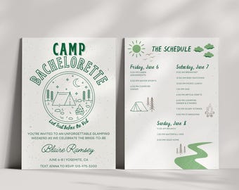 Camp Bachelorette Party Invitation, Bachelorette Itinerary, Last Trail Before the Veil Invite, Outdoorsy Bachelorette Editable Invitation