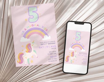 Editable 5th Birthday Invitation, Five is a Magical Vibe Invite, Unicorn Birthday Invitation, Pastel Digital Invite