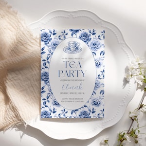 EDITABLE Tea Party Invitation Template, Tea Party Birthday Invitation, Blue Toile Invitation, Afternoon Tea Invite, Digital Invitation