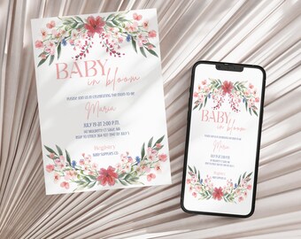 Invitación para baby shower "Bebé en Flor", invitación editable, plantilla de invitación con flores silvestres, descarga digital