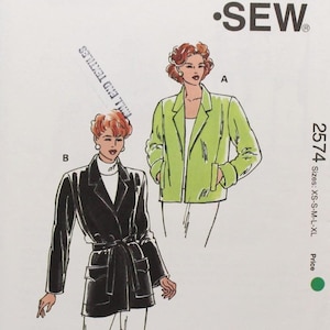 May include: A Kwik Sew pattern envelope 2574 for sizes XS-S-M-L-XL. The front features illustrations of two jacket styles: a lime green jacket labeled A and a black belted jacket labeled B. Includes text: Kwik Sew, Pattern 2574, and Kerstin Martensson.