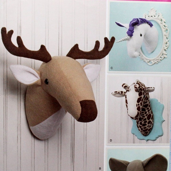 Simplicity Sewing Pattern 1218, Plush Stuffed Animal Heads, Designs include an Elephant, Deer, Unicorn and Giraffe, Uncut/FF Sewing Pattern