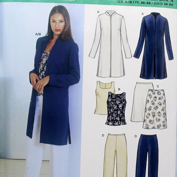 New Look Sewing Pattern 6163, Misses' Sleeveless Top, Straight Pants, Skirt and Long Jacket, Uncut/FF, Misses' Size 8 10 12 14 16 18