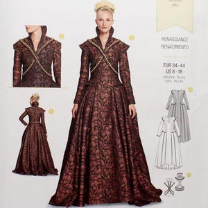 May include: Burda Style sewing pattern number 6398 for a Renaissance-style gown. The pattern includes seam and hem allowances. The pattern is for sizes EUR 34-44, US 8-18.