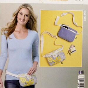 May include: Kwik Sew K4165 craft pattern featuring a woman wearing a light blue top and jeans. The pattern includes instructions for making two different styles of small crossbody bags and fanny packs with floral and solid designs.