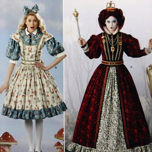 May include: Simplicity sewing pattern for a Halloween costume. The pattern includes two costumes: a blue and white Alice in Wonderland dress and a red and white Queen of Hearts dress. The pattern number is 0807 and the sizes are R5 14, 16, 18, 20, 22. The pattern is for Halloween costumes.