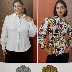 May include: Simplicity sewing pattern number S3002 for a women's blouse with long sleeves. The pattern includes three different styles: a white blouse with puffed sleeves, a floral print blouse with puffed sleeves, and a solid blue blouse with puffed sleeves. The pattern is for sizes 30W-38W, 56-64, and 58-66.