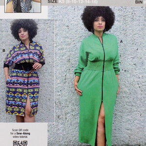 May include: Sewing pattern for a long dress with a zipper down the front. The pattern is called "knowME" by mimig and is size K5 (8-10-12-14-16).