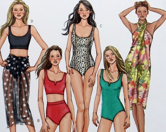 May include: A sewing pattern for swimwear, featuring four different styles of swimsuits. The pattern is called Butterick B4526 and is for sizes 6-8-10-12.