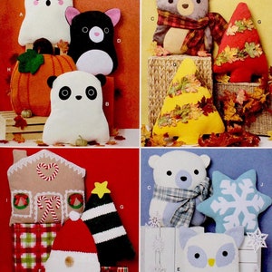 May include: A collection of 10 plush pillow patterns featuring various holiday themes. The patterns include a ghost, a cat, a panda, a bear, a Christmas tree, a gingerbread house, a Santa Claus, a polar bear, a snowflake, and an owl. The patterns are all easy to sew and are perfect for adding a festive touch to your home.